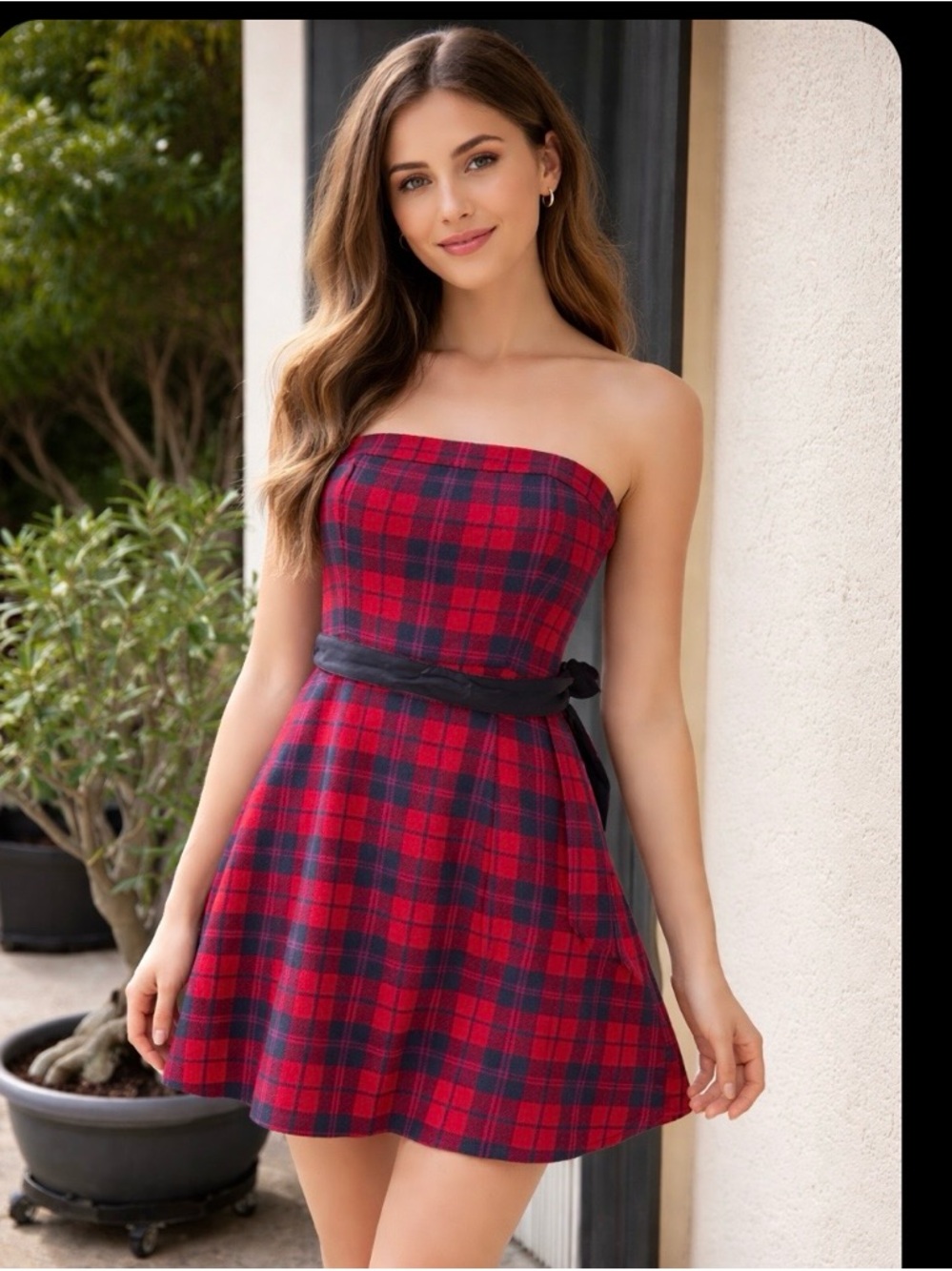 AMERICAN EAGLE.  Red, Navy Plaid‎ Wool Strapless Skater Dress. Size 4